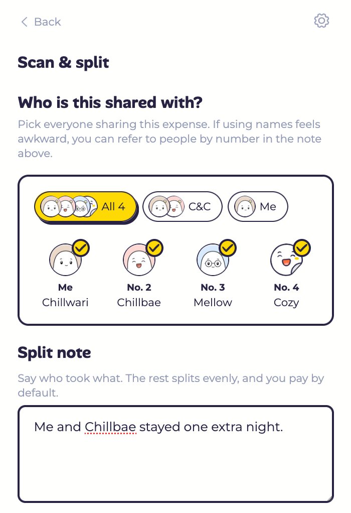 Describing who paid and how to split in one sentence, including one member's extra night