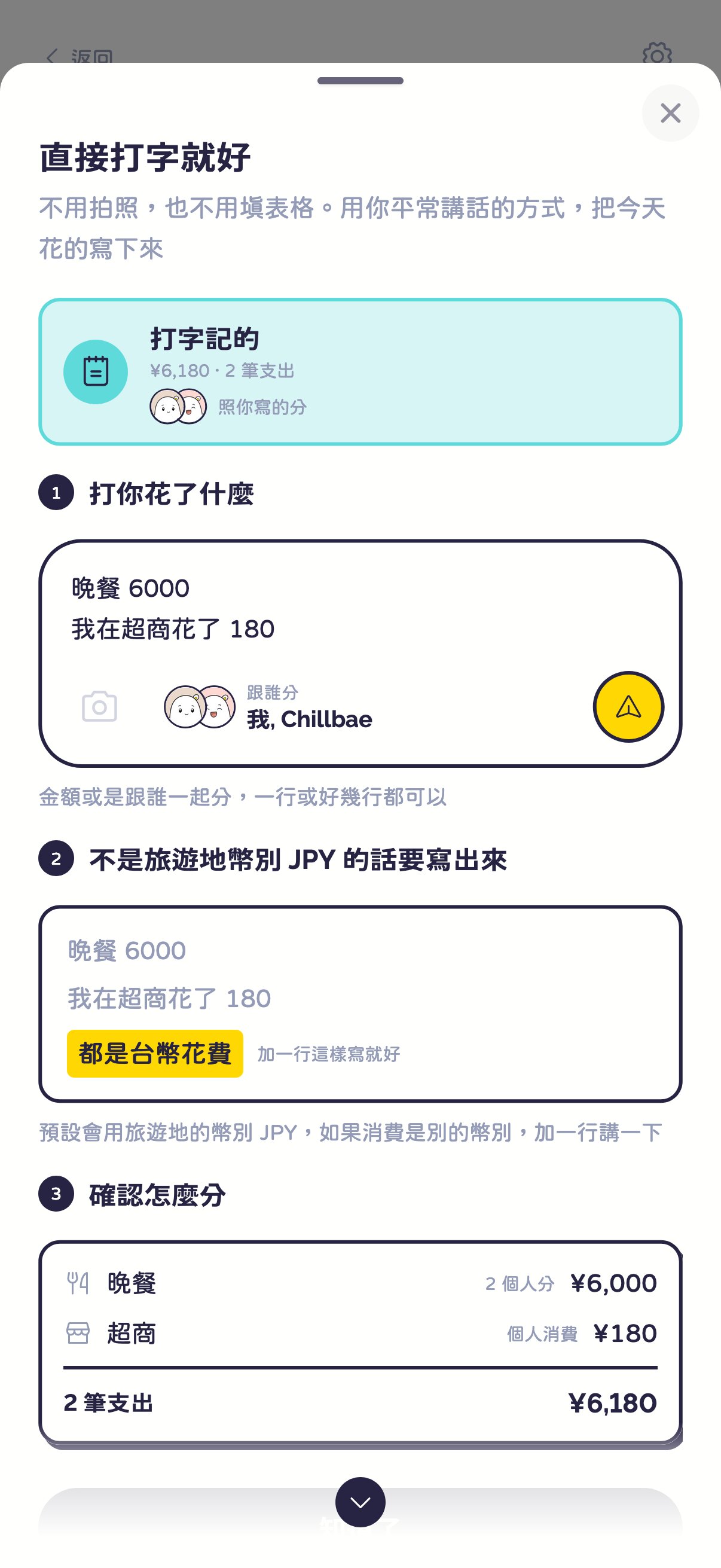 「直接打字就好」說明抽屜:怎麼寫、幣別怎麼標,還有分完的樣子