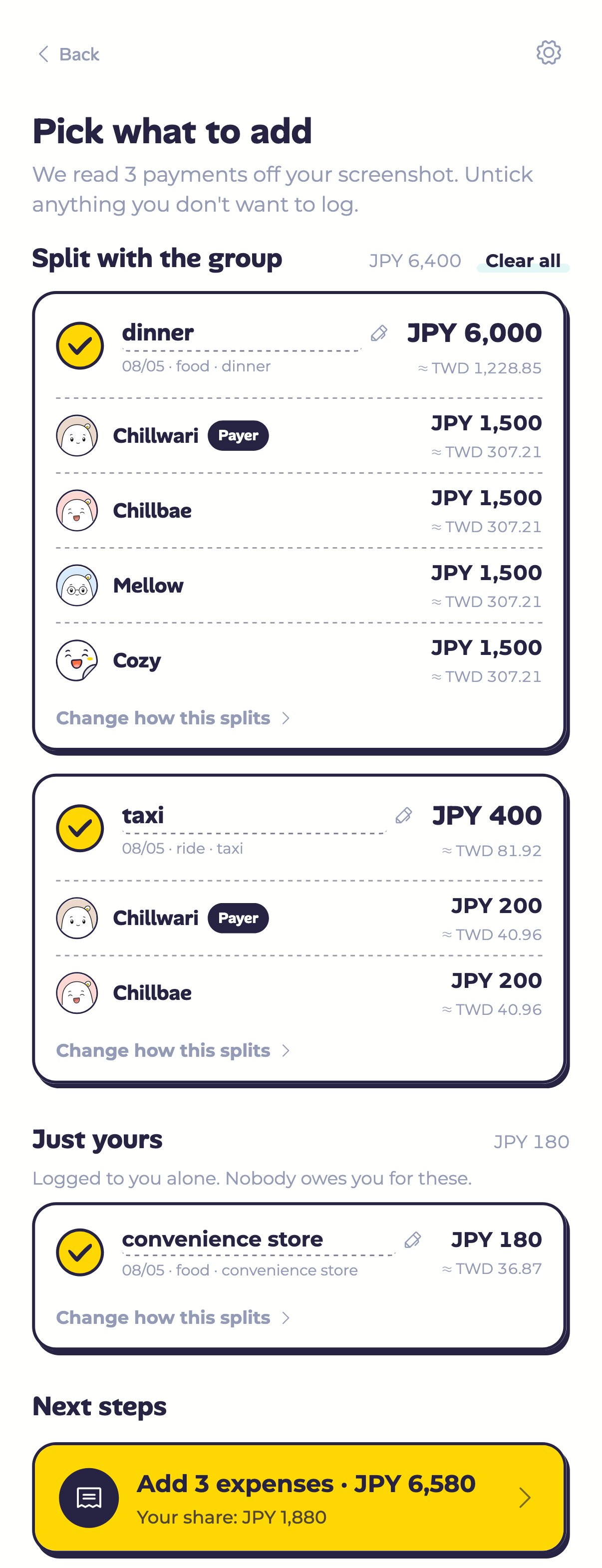 The review list: three payments sorted into Split with the group and Just yours, with the add button below