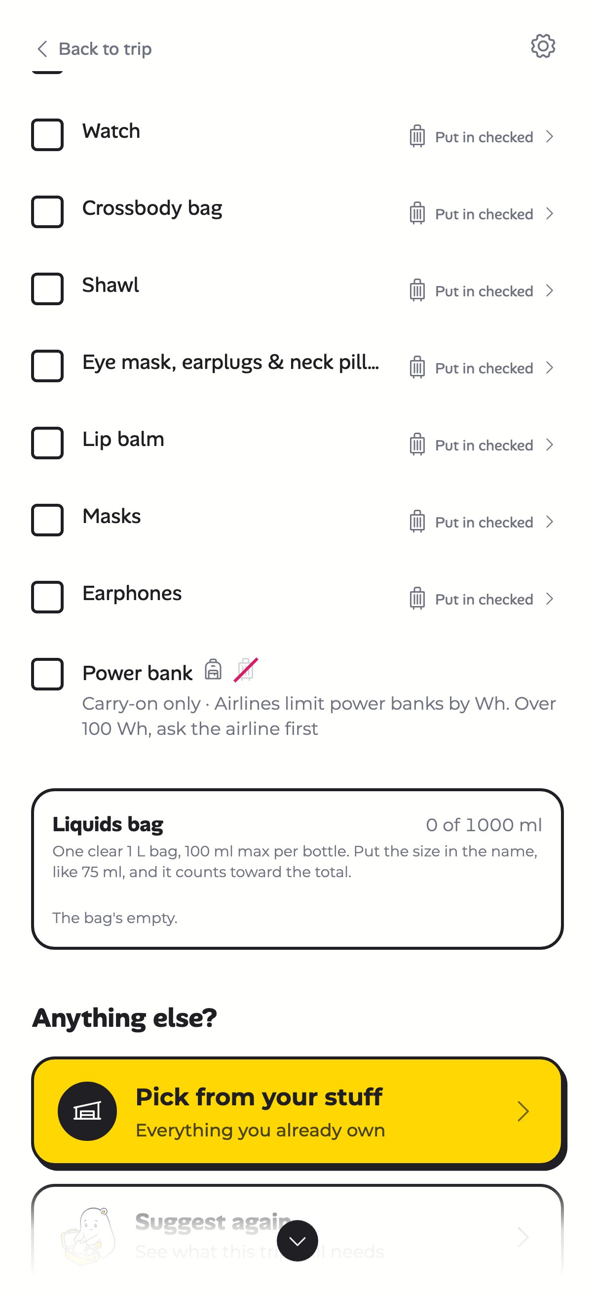 The list split into carry-on and checked, with the power bank marked carry-on only