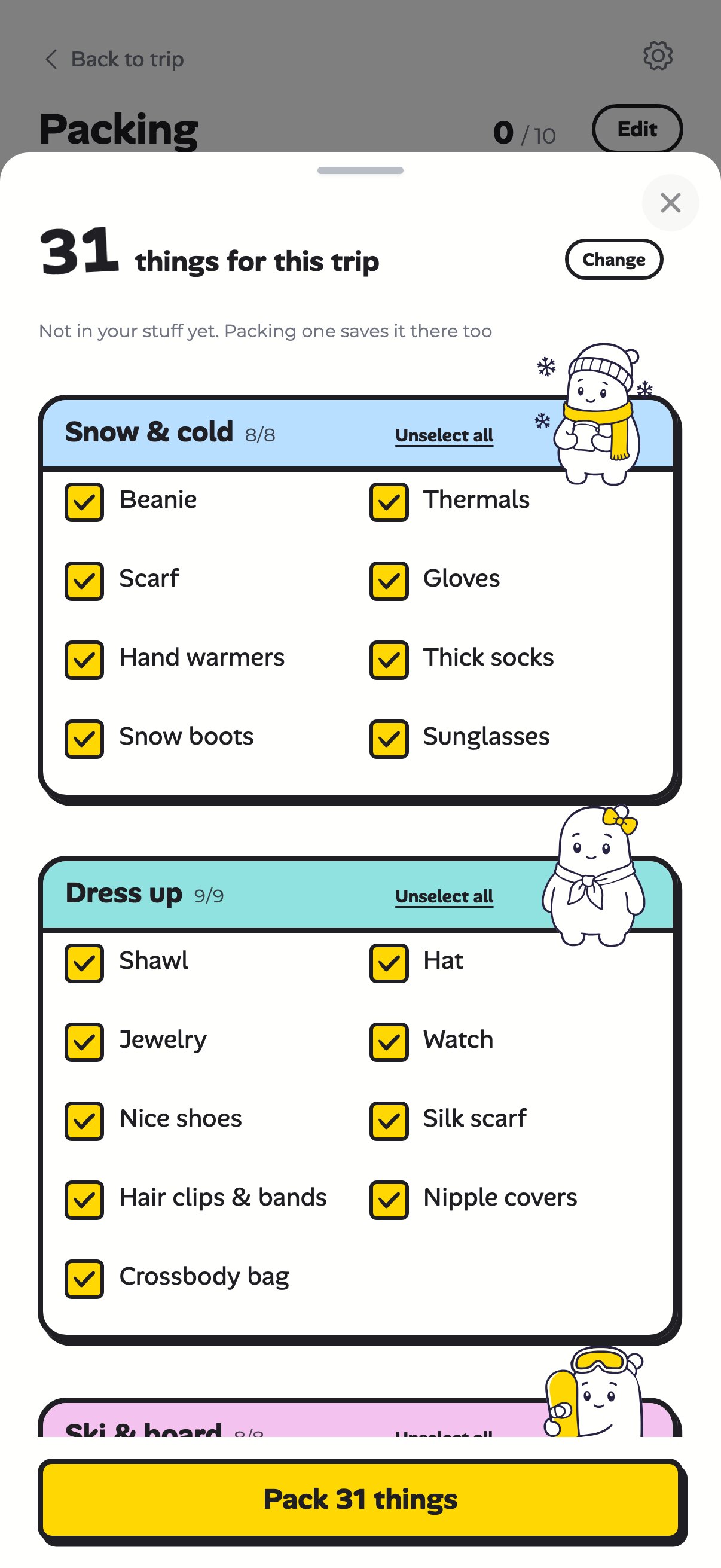Suggested items grouped by the kits that fit this trip