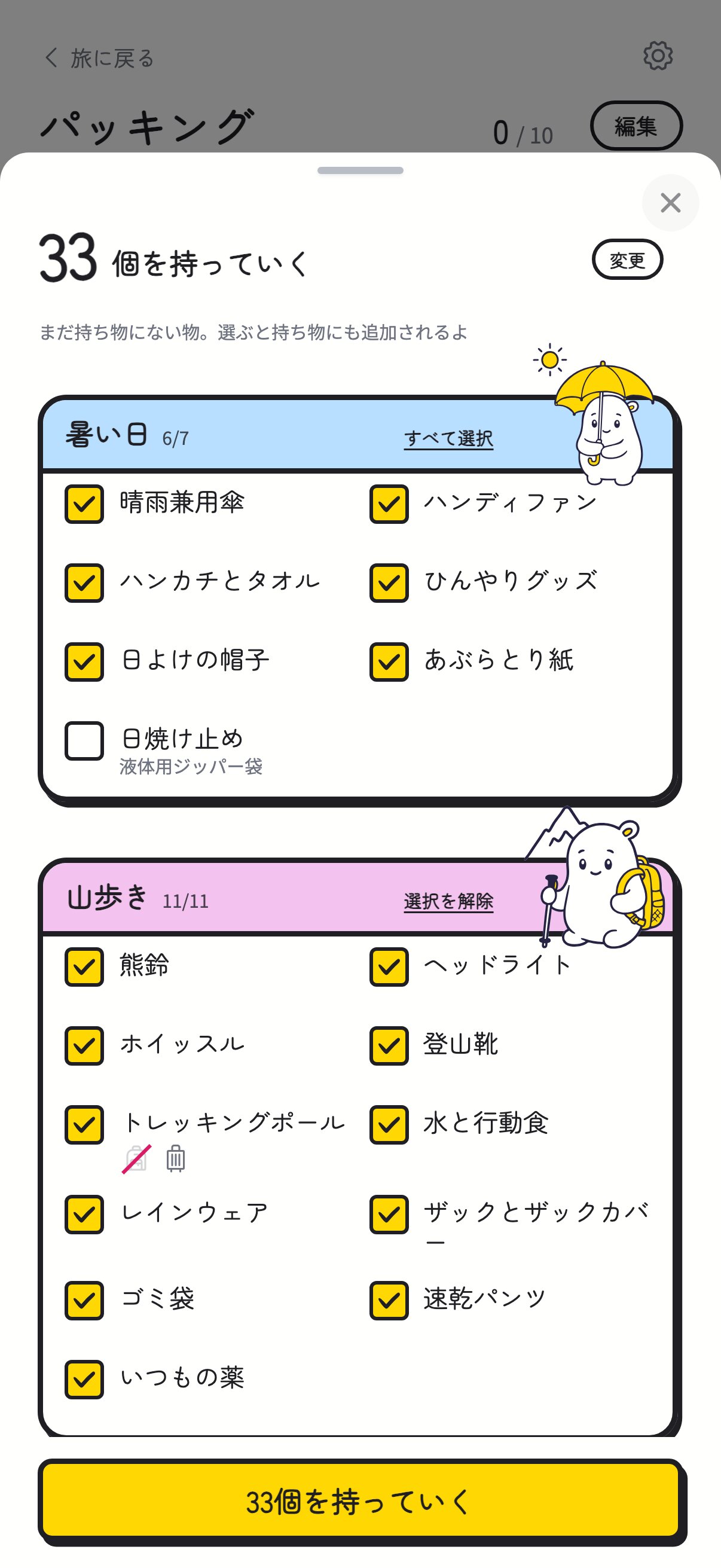 今回の旅に合うセットごとに並んだ、持っていくものの候補