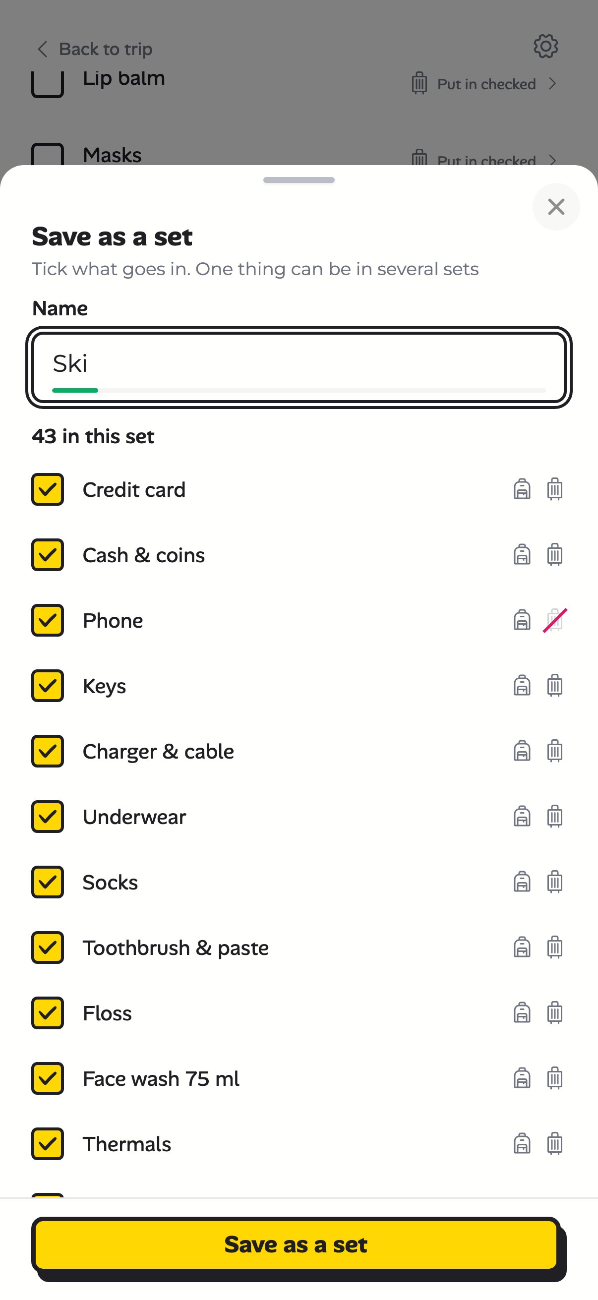 Saving everything on this trip as a set named Ski