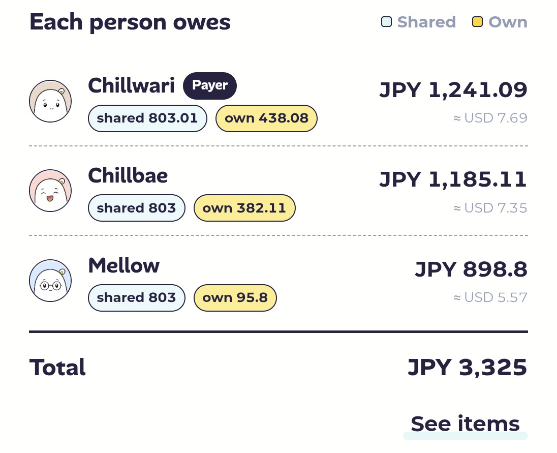 The per-person split: personal items to each person, shared items split evenly