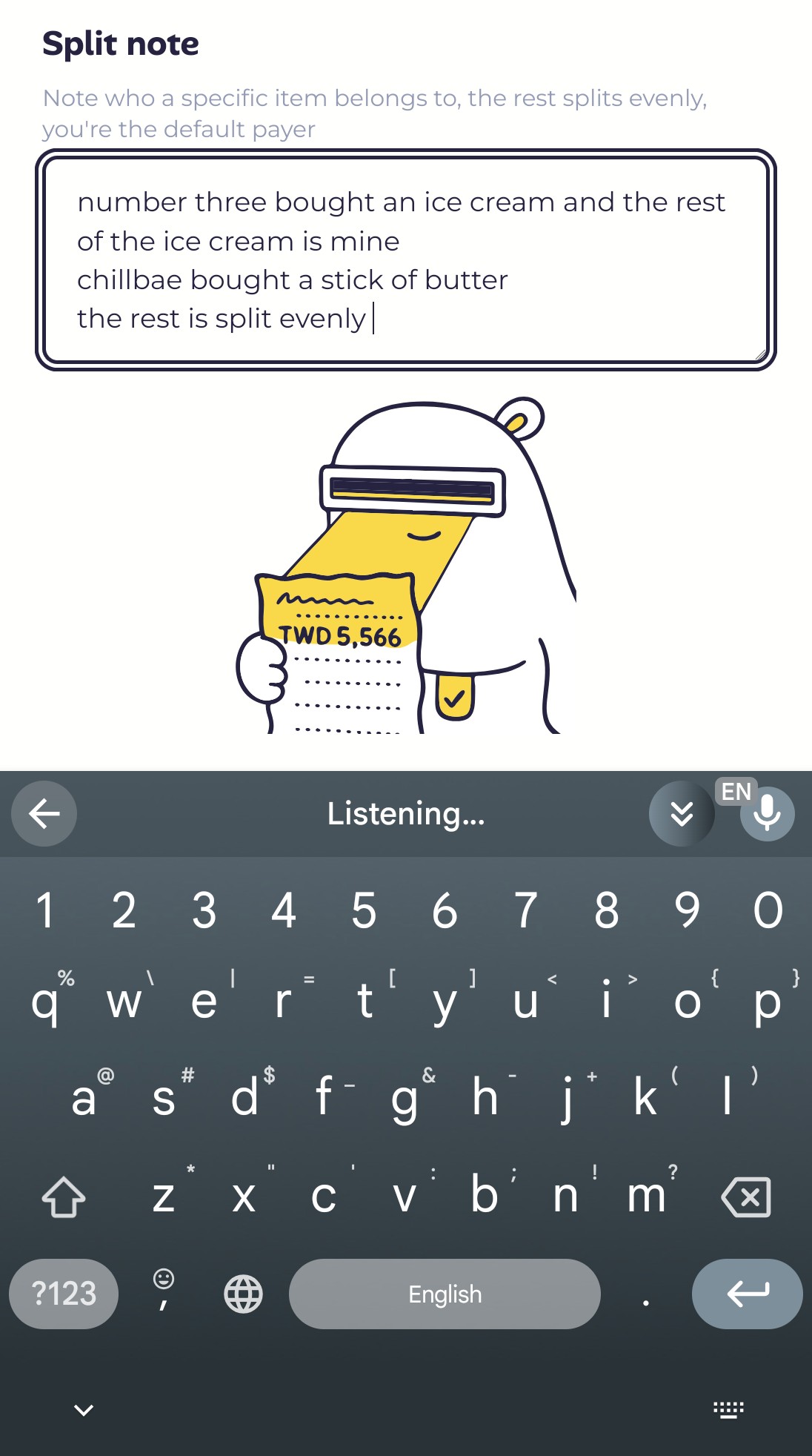 The split note field: write who bought what in one line