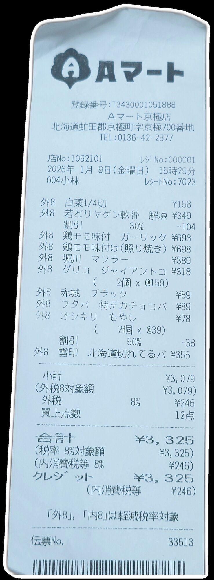 A long supermarket receipt, full of foreign and abbreviated item names