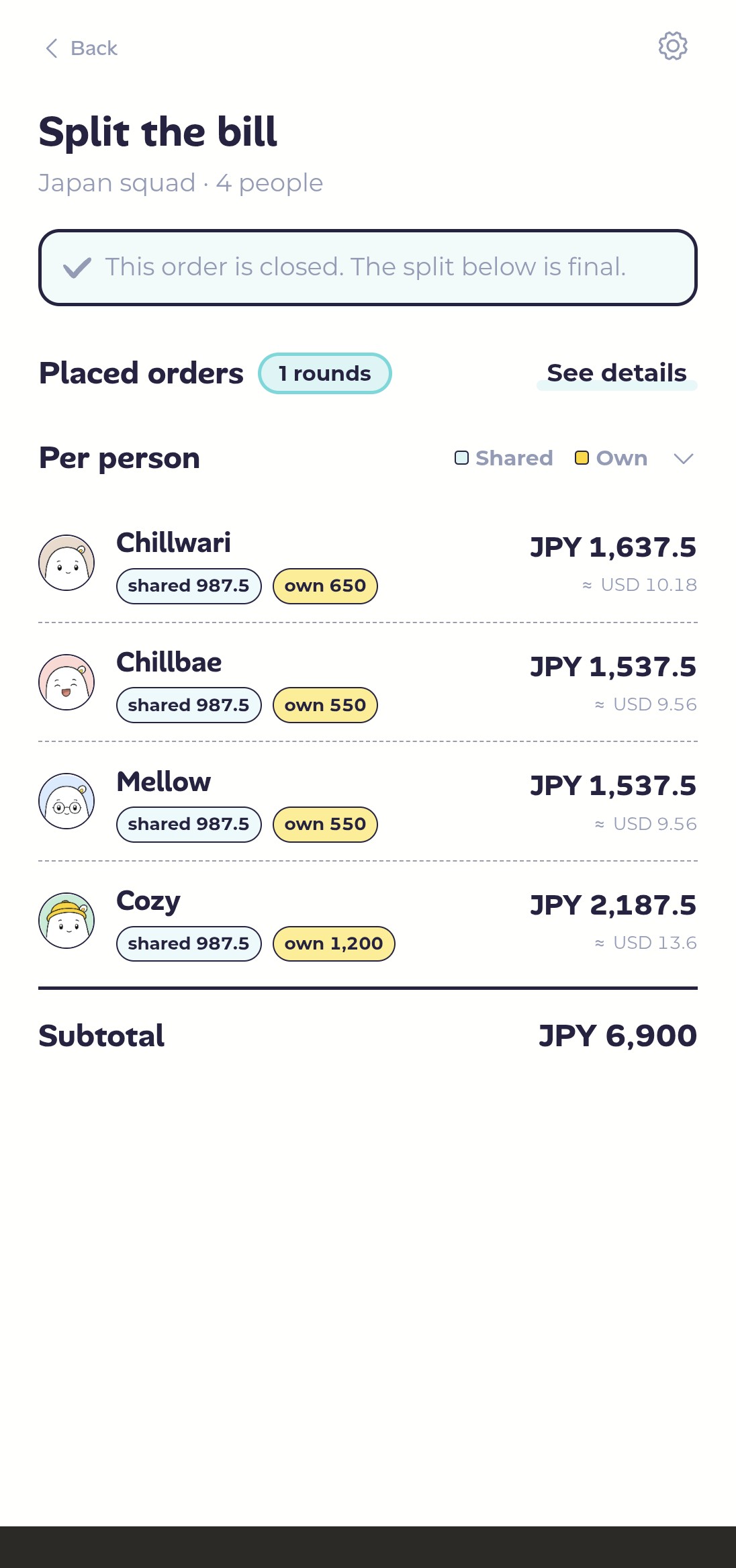 Per-person split: shared plus own