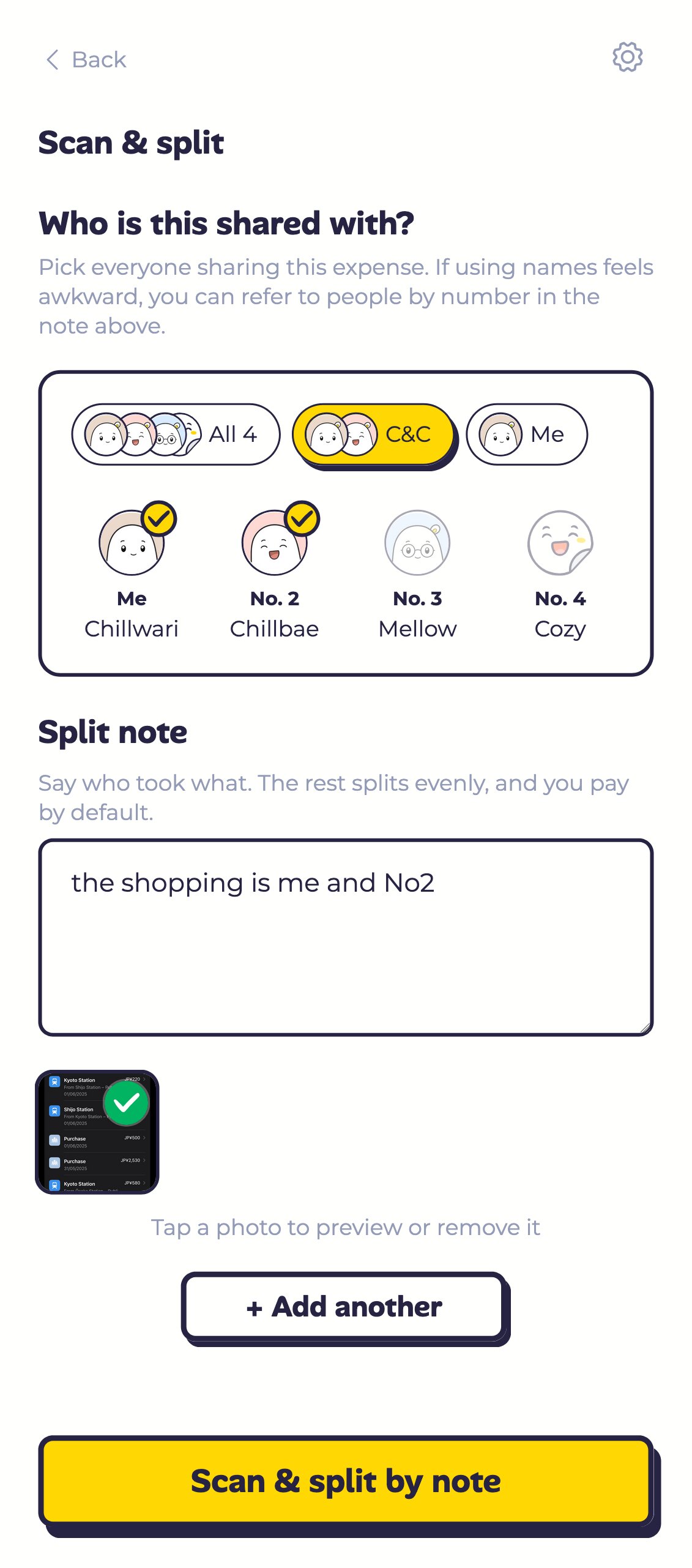 The split note field: pick who's sharing, then say how to split it in one line