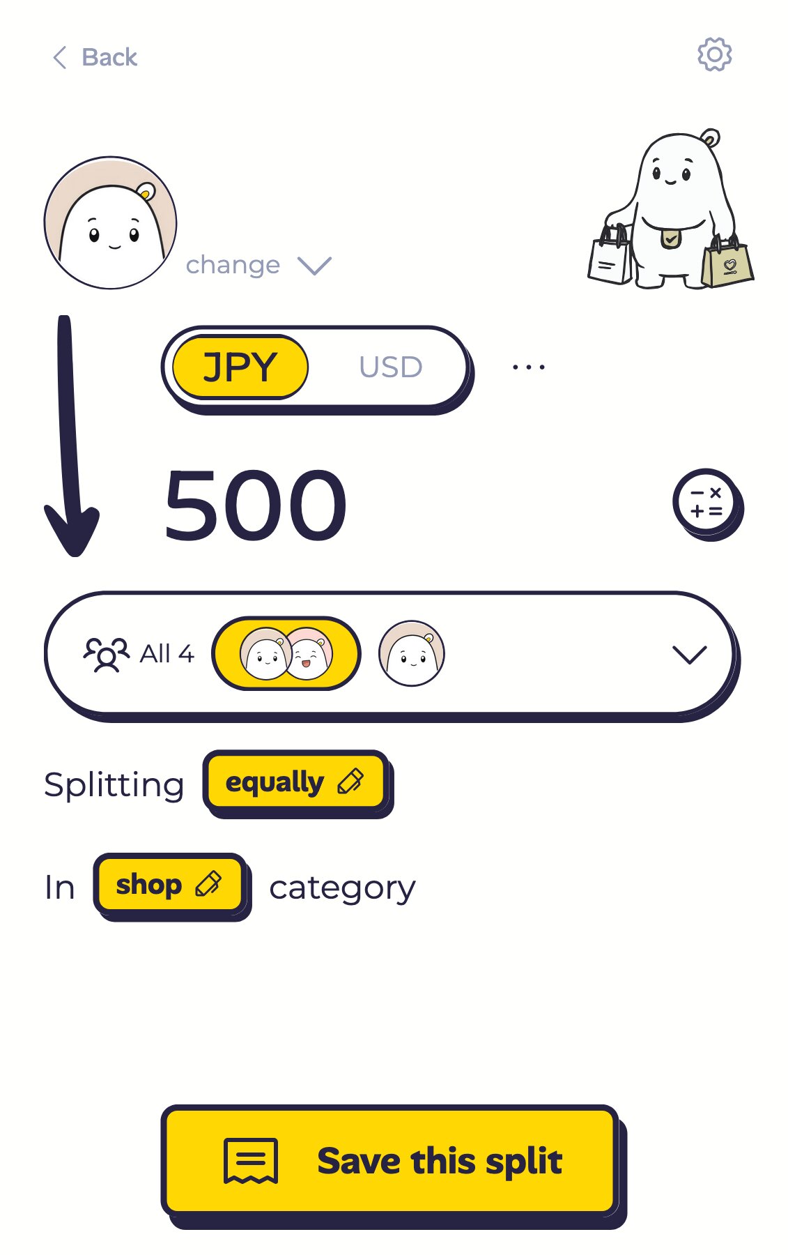 The single-payment split editor: currency and amount already filled in, ready to change who shares it