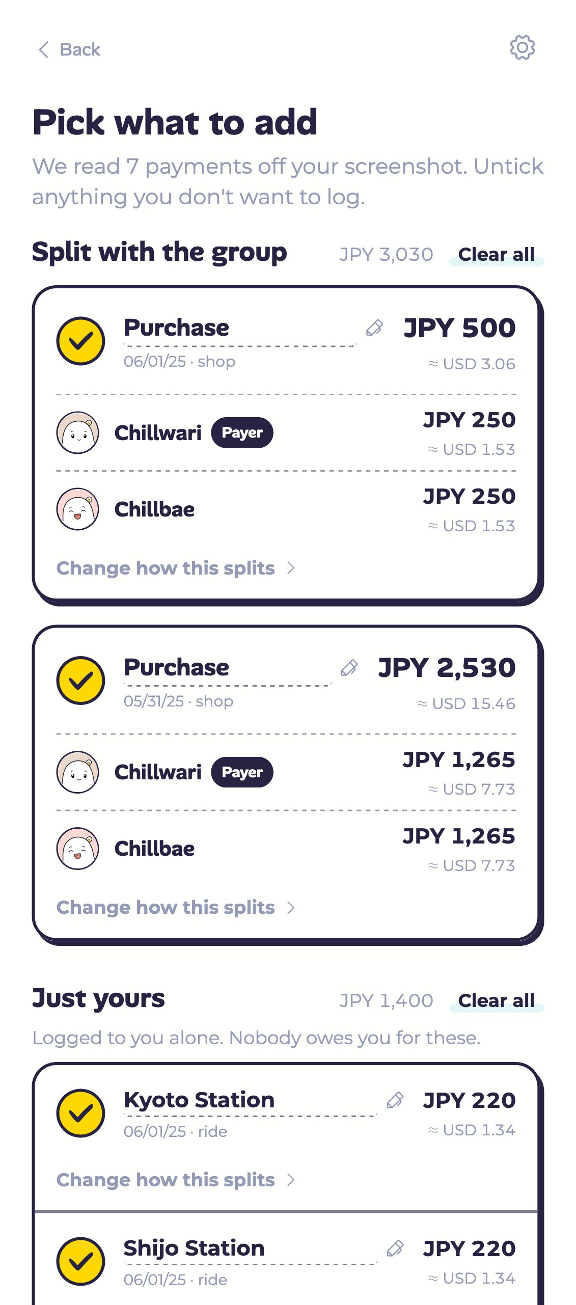 The Receipteller list: 7 payments read off a screenshot, grouped into shared with the group and just yours