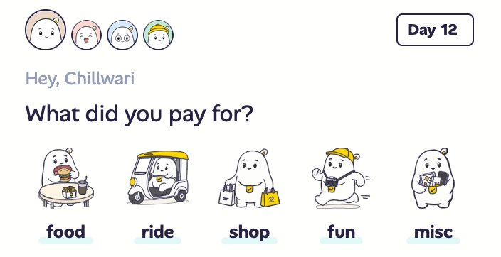 Home screen expense categories: food, ride, shop, fun, misc