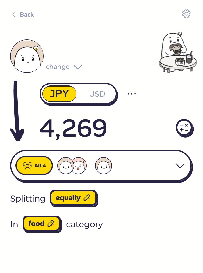 Expense page: split with everyone and paid by you are preset, only the amount is left