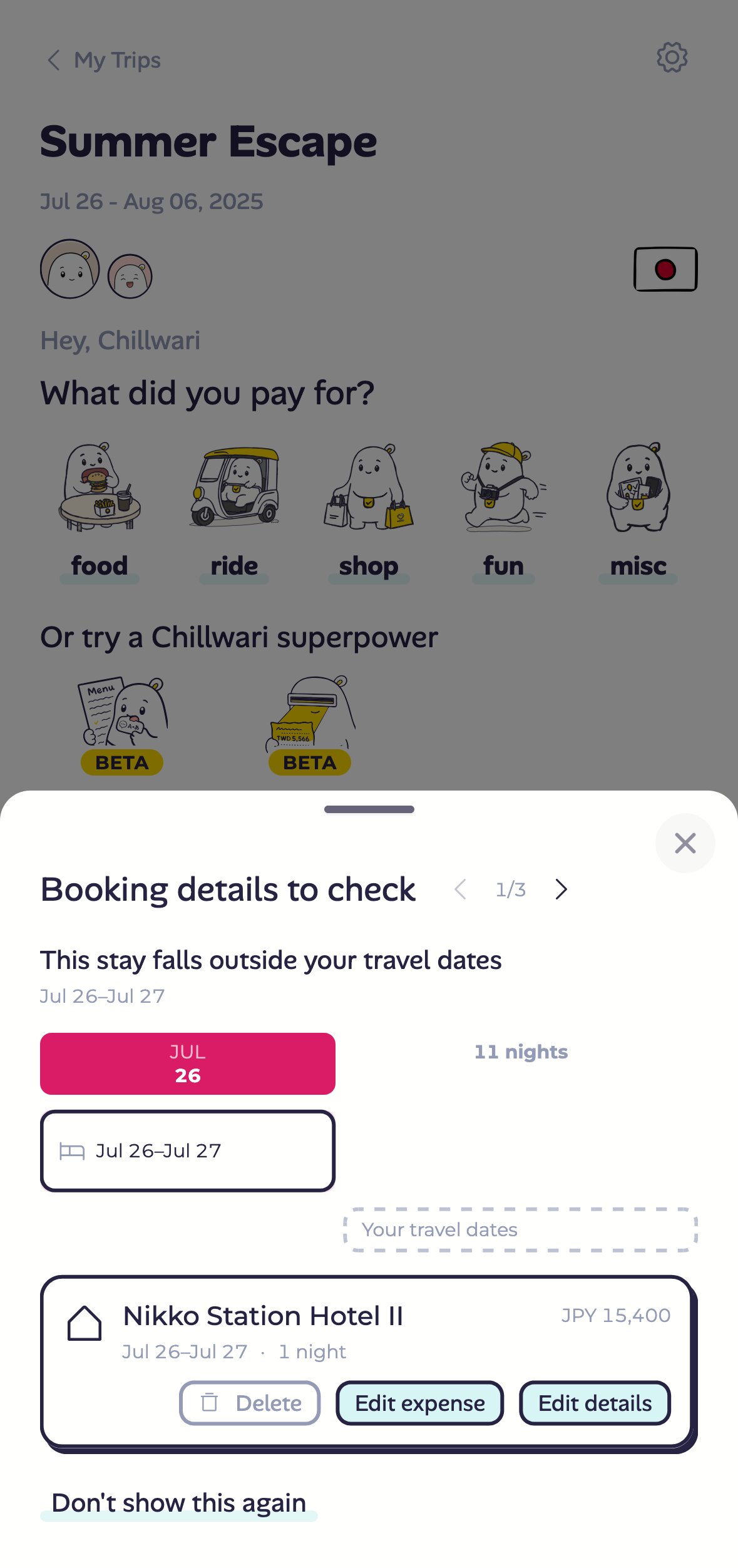 A notice on the trip page: this stay falls outside your travel dates, with the wrong night marked on the calendar row