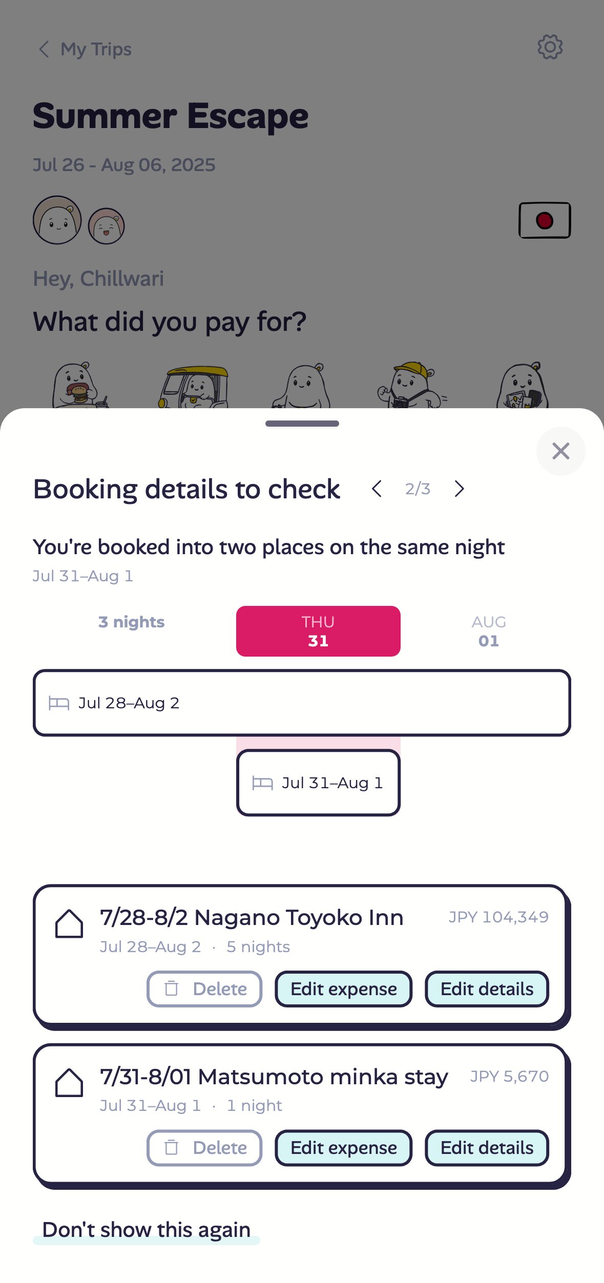 A second notice: two stays booked for the same night, overlapping on the calendar